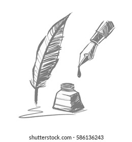 Vector feather and ink bottle, freehand drawn sketch style.