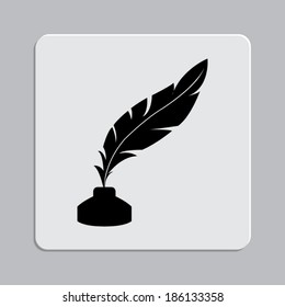  Vector feather and ink bottle icon on a grey flat button 