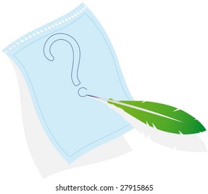 vector feather on sheet of notebook, draw question mark