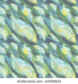 Vector Feather Pattern | Ornamental boho seamless background in greenery spring colors for textile and paper design