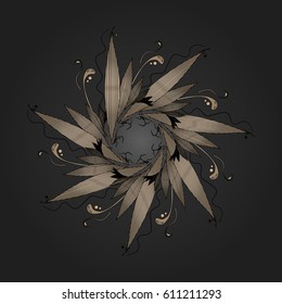 Vector feather shaped symbolic fractal on deep grey background
