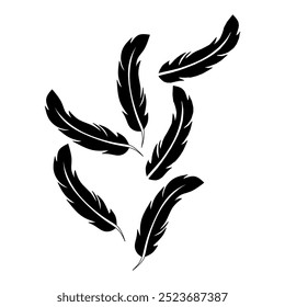 Vector feather silhouette collection, set of different swirling feathers, isolated on white background