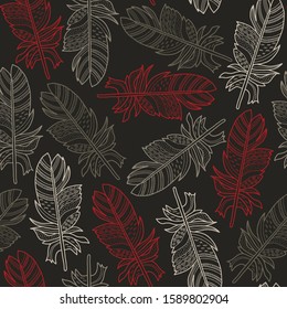 Vector feather texture pattern in black, white, red. Simple outline plume hand drawn made into texture repeat. Great for background, wallpaper, wrapping paper, packaging, fashion.
