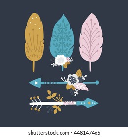 Vector feathers and arrows with flowers, branches and nature elements. Tribal, boho style for design birthday, save the date cards, baby invitations