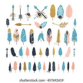 Vector Feathers and arrows with flowers, branches and floral elements isolated on white background. Tribal, boho style for design birthday, save the date cards, baby invitations