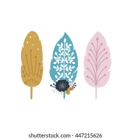 Vector feathers with flowers, branches and nature elements isolated on white background. Floral arrows Tribal, boho style for design birthday, save the date cards, baby invitations