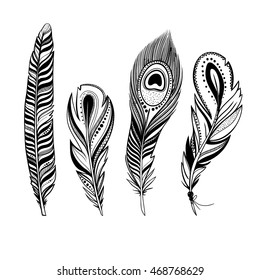 vector feathers, hand drawn decorative bird feathers with ornaments, black and white illustration, boho style