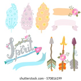 Vector feathers, labels, arrows, flowers isolated on white background. Boho style for design birthday, save the date cards, baby invitations and other holidays.