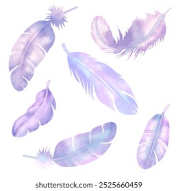Vector feather's painted watercolor stye. isolated on white background. for art work, backdrop, pattern and so on.