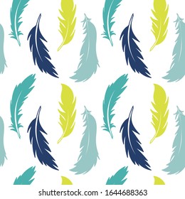 Vector feathers, seamless pattern. Hand drawing, blue, cyan, and yellow colors on a white background, for fabric, packaging, stationery, and other surfaces,