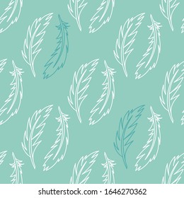 Vector feathers, seamless pattern. Hand drawing illustration on a white background, for fabric, packaging, stationery, and other surfaces,