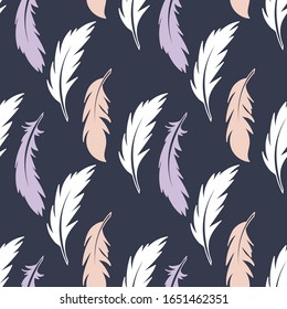Vector feathers, seamless pattern. Hand drawing illustration on a white background, for fabric, packaging, stationery, and other surfaces,