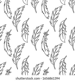 Vector feathers, seamless pattern. Hand drawing illustration on a white background, for fabric, packaging, stationery, and other surfaces. black and white