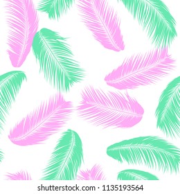 Vector Feathers. Tropical Seamless Pattern with Exotic Jungle Plants. Coconut Tree Leaf. Simple Summer Background. Illustration EPS 10. Vector Feathers Silhouettes or Hawaiian Leaves of Palm Tree.