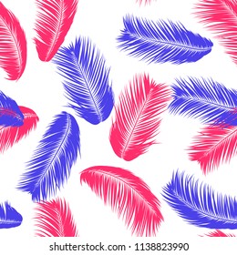 Vector Feathers. Tropical Seamless Pattern with Exotic Jungle Plants. Coconut Tree Leaf. Simple Summer Background. Illustration EPS 10. Vector Feathers Silhouettes or Hawaiian Leaves of Palm Tree.