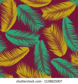 Vector Feathers. Tropical Seamless Pattern with Exotic Jungle Plants. Coconut Tree Leaf. Simple Summer Background. Illustration EPS 10. Vector Feathers Silhouettes or Hawaiian Leaves of Palm Tree.