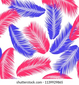 Vector Feathers. Tropical Seamless Pattern with Exotic Jungle Plants. Coconut Tree Leaf. Simple Summer Background. Illustration EPS 10. Vector Feathers Silhouettes or Hawaiian Leaves of Palm Tree.