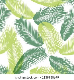 Vector Feathers. Tropical Seamless Pattern with Exotic Jungle Plants. Coconut Tree Leaf. Simple Summer Background. Illustration EPS 10. Vector Feathers Silhouettes or Hawaiian Leaves of Palm Tree.