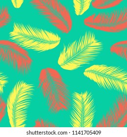 Vector Feathers. Tropical Seamless Pattern with Exotic Jungle Plants. Coconut Tree Leaf. Simple Summer Background. Illustration EPS 10. Vector Feathers Silhouettes or Hawaiian Leaves of Palm Tree.