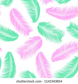 Vector Feathers. Tropical Seamless Pattern with Exotic Jungle Plants. Coconut Tree Leaf. Simple Summer Background. Illustration EPS 10. Vector Feathers Silhouettes or Hawaiian Leaves of Palm Tree.