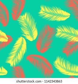 Vector Feathers. Tropical Seamless Pattern with Exotic Jungle Plants. Coconut Tree Leaf. Simple Summer Background. Illustration EPS 10. Vector Feathers Silhouettes or Hawaiian Leaves of Palm Tree.