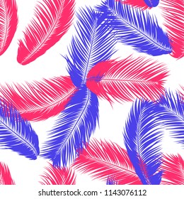 Vector Feathers. Tropical Seamless Pattern with Exotic Jungle Plants. Coconut Tree Leaf. Simple Summer Background. Illustration EPS 10. Vector Feathers Silhouettes or Hawaiian Leaves of Palm Tree.