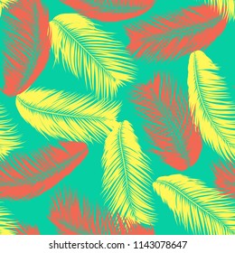 Vector Feathers. Tropical Seamless Pattern with Exotic Jungle Plants. Coconut Tree Leaf. Simple Summer Background. Illustration EPS 10. Vector Feathers Silhouettes or Hawaiian Leaves of Palm Tree.