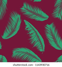 Vector Feathers. Tropical Seamless Pattern with Exotic Jungle Plants. Coconut Tree Leaf. Simple Summer Background. Illustration EPS 10. Vector Feathers Silhouettes or Hawaiian Leaves of Palm Tree.