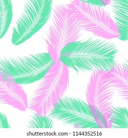 Vector Feathers. Tropical Seamless Pattern with Exotic Jungle Plants. Coconut Tree Leaf. Simple Summer Background. Illustration EPS 10. Vector Feathers Silhouettes or Hawaiian Leaves of Palm Tree.