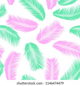 Vector Feathers. Tropical Seamless Pattern with Exotic Jungle Plants. Coconut Tree Leaf. Simple Summer Background. Illustration EPS 10. Vector Feathers Silhouettes or Hawaiian Leaves of Palm Tree.