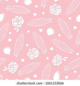 Vector Feathers white hand drawn with fluff and flower rose. Seamless pattern isolated on a pink trend background.