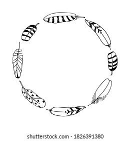 Vector Feathers Wreath. Hand drawn frame. Black illustration isolated on white background. Place for text. For wedding, invitation, greeting card, poster, business promotion