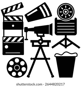Vector features a black clapperboard, a megaphone, a spotlight, a film reel, and a bucket of popcorn, symbolizing movie elements against a white backdrop.