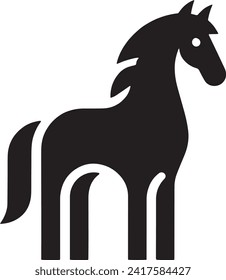 The vector features a bold black silhouette of a horse standing with a regal posture. The silhouette captures the horse's strong physique, flowing mane, and the alert position of its ears.