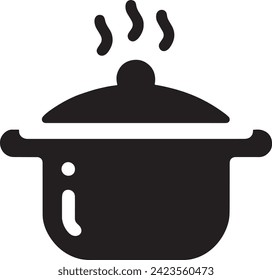 The vector features a clean, black silhouette of a steaming pot, with three wavy lines indicating heat escaping from the lid.