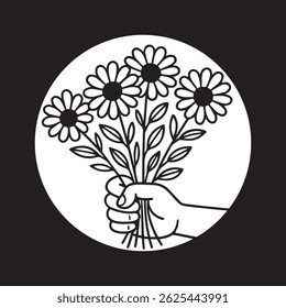 O vetor apresenta uma mão apresentando uma flor como um gesto de amor, desenhado com elegantes linhas pretas para enfatizar a ternura e sentido sincero.

