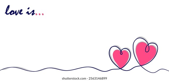 vector features the handwritten phrase love is at the top left corner, with two intertwined red hearts outlined in black at the bottom right. The white background provides ample space for text