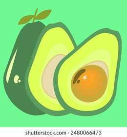 Vector con aguacates enteros y partidos por la mitad sobre un fondo verde. Patrón lindo aislado. Estilo de vida saludable, estilo de vida saludable, aguacates frescos saludables.