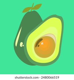 Vector featuring whole and halved avocados on a green background. Isolated cute pattern.Healthy Way Of living, healthy Lifestyle, Healthy Fresh Avocados.