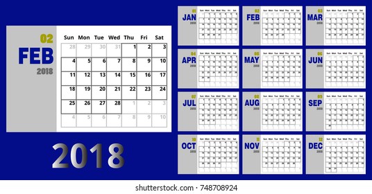 Vector February 2018 new year calendar blue and yellow color,Holiday event planner,Week Starts Sunday
