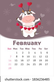 Vector February 2021 calendar. Symbol of new year, cute bull or cow, holding hearts. A4 format for print. Week starts from Sunday