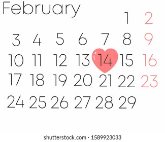 Vector february calendar sheet with Valentine`s Day heart marked