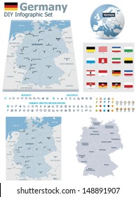 Vector Federal Republic of Germany political and administrative divisions maps, Germany flag, Earth globe showing country location, map markers and related icon set