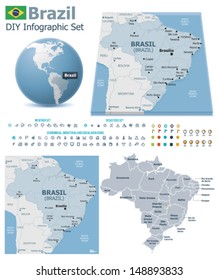 República Federativa de vectores del Brasil, mapas de divisiones políticas y administrativas, bandera del Brasil, globo terrestre que muestra la ubicación del país, marcadores de mapas y conjunto de iconos relacionados