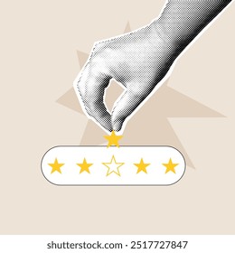 Vector Feedback concept illustration. Halftone hand holds star. Customer feedback, evaluation.