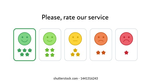 Vector feedback survey flat icon set. Five color smile star sign buttons isolated on white background. Design element for marketing research, client testimonail, questionnaire response, web