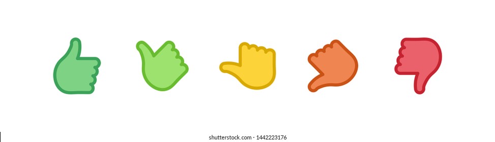 Vector feedback survey flat icon set. Five color hand thumb up and down symbol isolated on white background. Design element for marketing research, client testimonail, questionnaire response, web