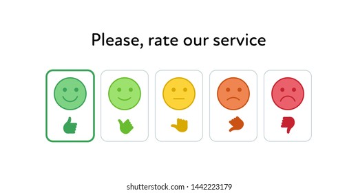 Vector feedback survey flat icon set. Five color smile with hand thumb sign buttons isolated on white. Design element for marketing research, client testimonail, questionnaire response, web