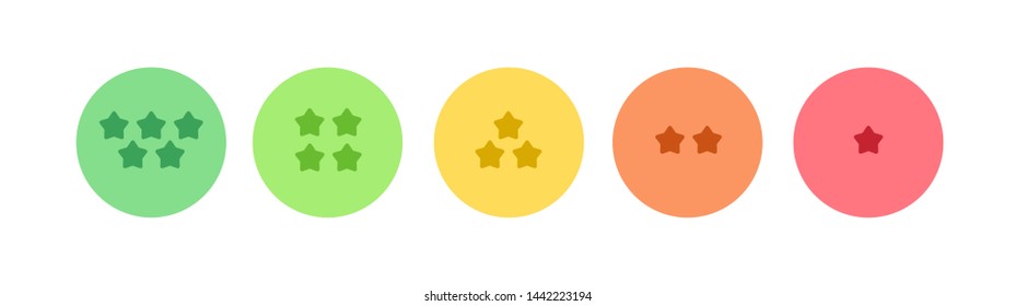 Vector feedback survey flat icon set. Five color star symbol in circle frame button isolated on white background. Design element for marketing research, client testimonail, questionnaire response, web