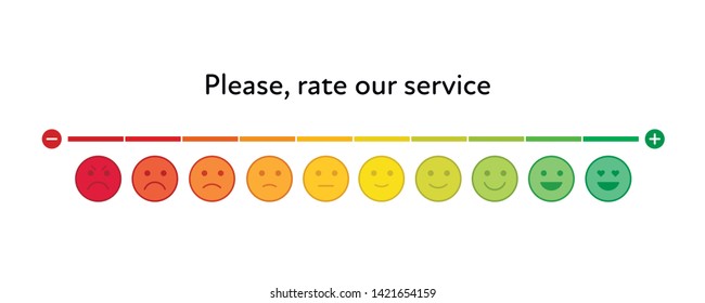 Vector Feedback Survey Template. Ten Scale Of Colorful Emotion Smiles From Angry To Happy With Color Slider On White Background. Emoticons Element Of UI Design For Client Service Rating.